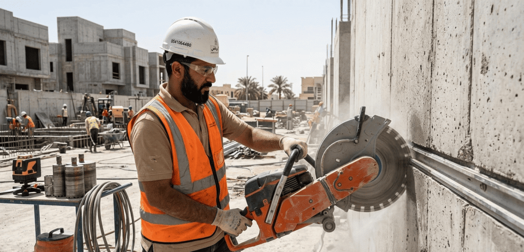 معلم قص خرسانة بالرياض يستخدم المنشار الماسي لقص جدار مسلح بدقة.
